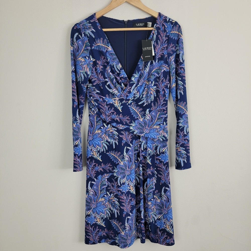 Lauren Ralph Lauren Glendon Long Sleeve Faux Wrap Navy Floral‎ Day Dress Size 4